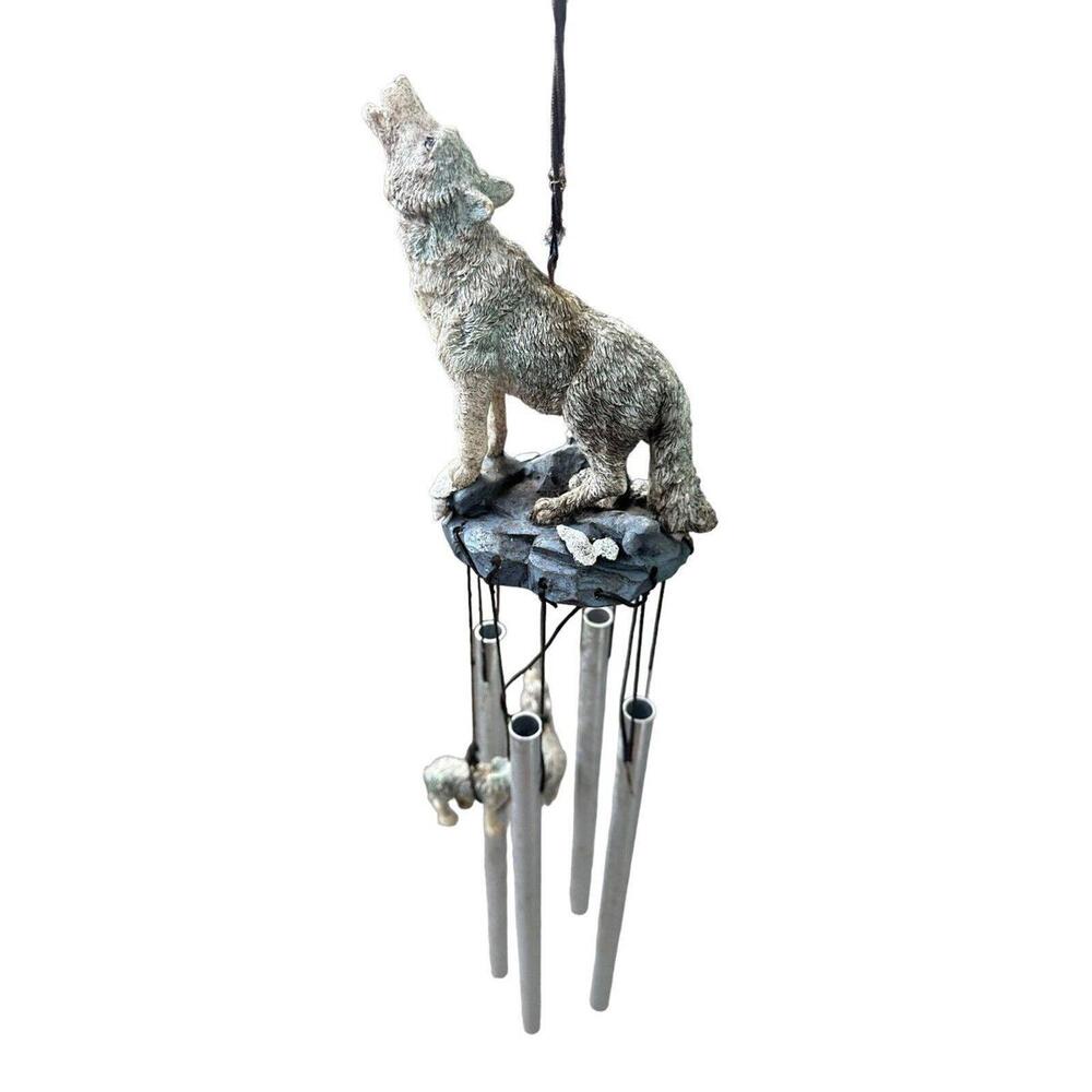 Sitting Lone Alpha Gray Wolf Forest Relaxing Wind Chime AS IS